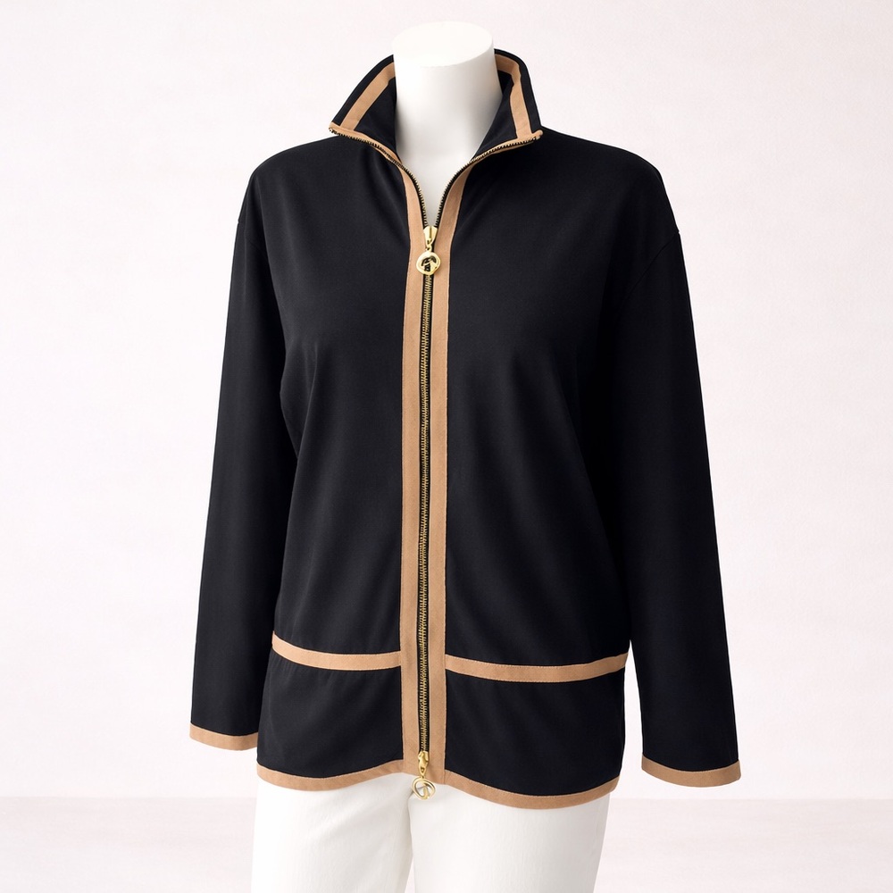 St John Sport Zip Front Jacket Black Tan Trim Logo Pull Size S